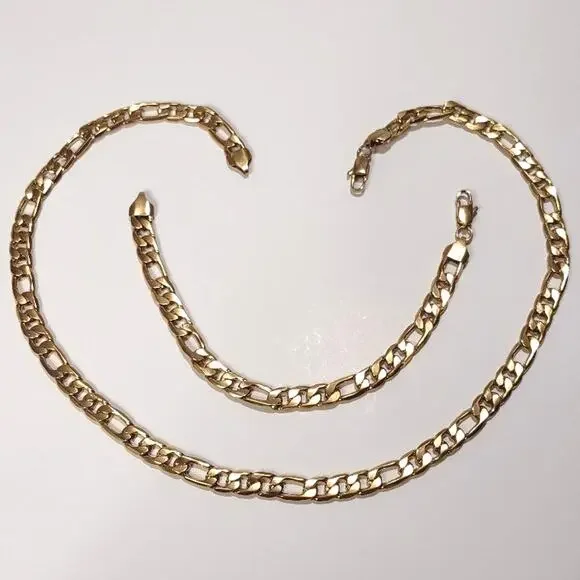 18k Plated Necklace & Bracelet Set Gold Figaro Valentines Birthday Gift - NEW!!!